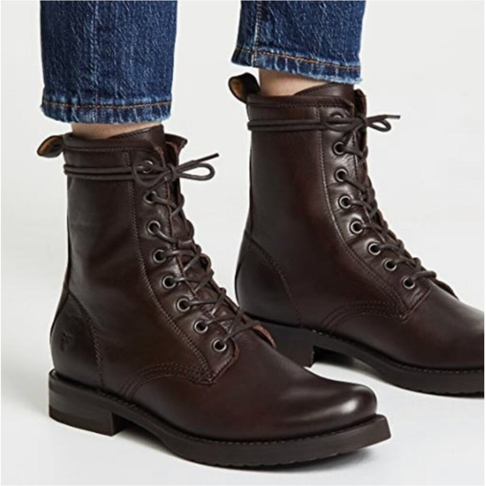 Frye Veronica Leather Cherry Brown Combat Boots - image 1